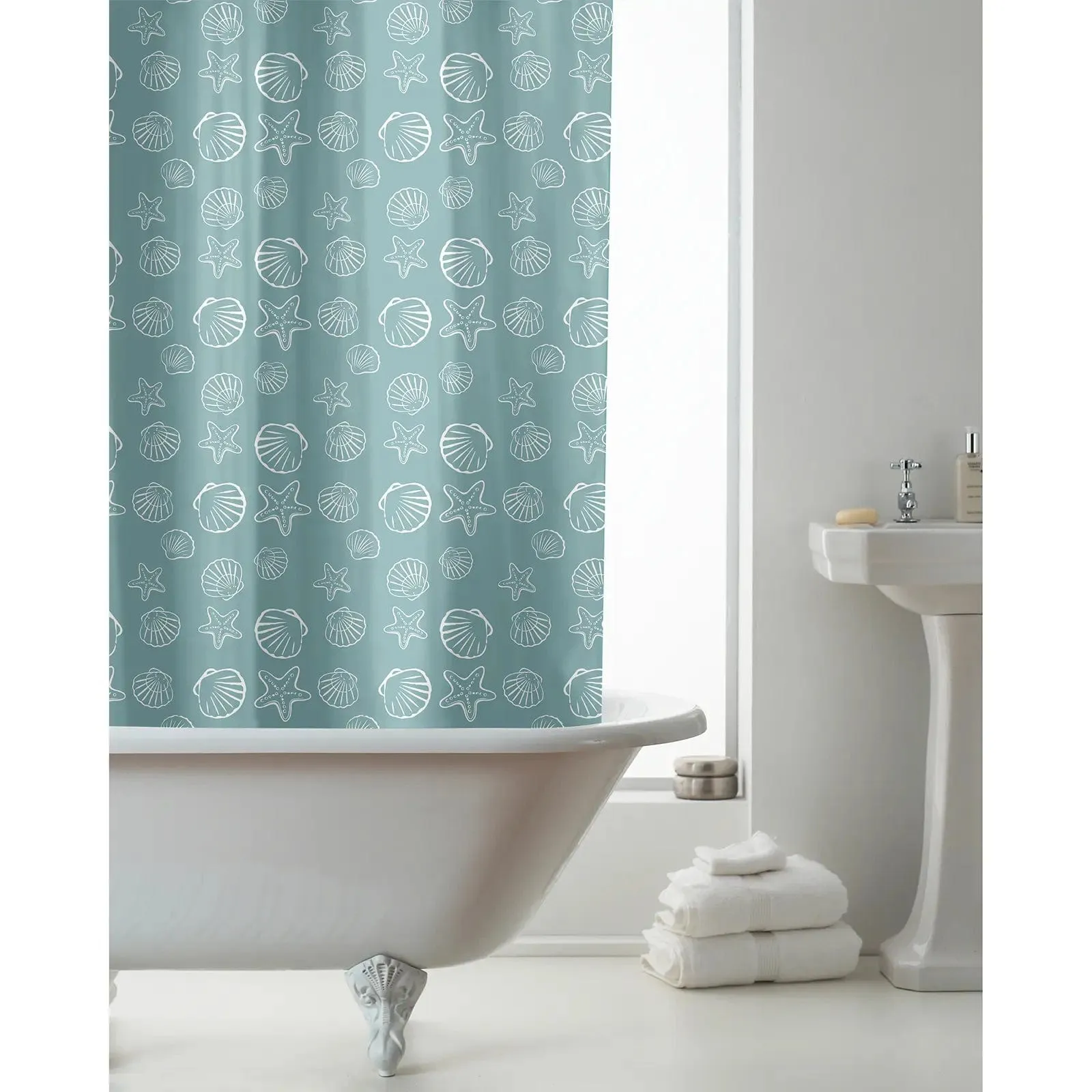 Teal Seashells Pattern Shower Curtain With Hooks 180x180cm