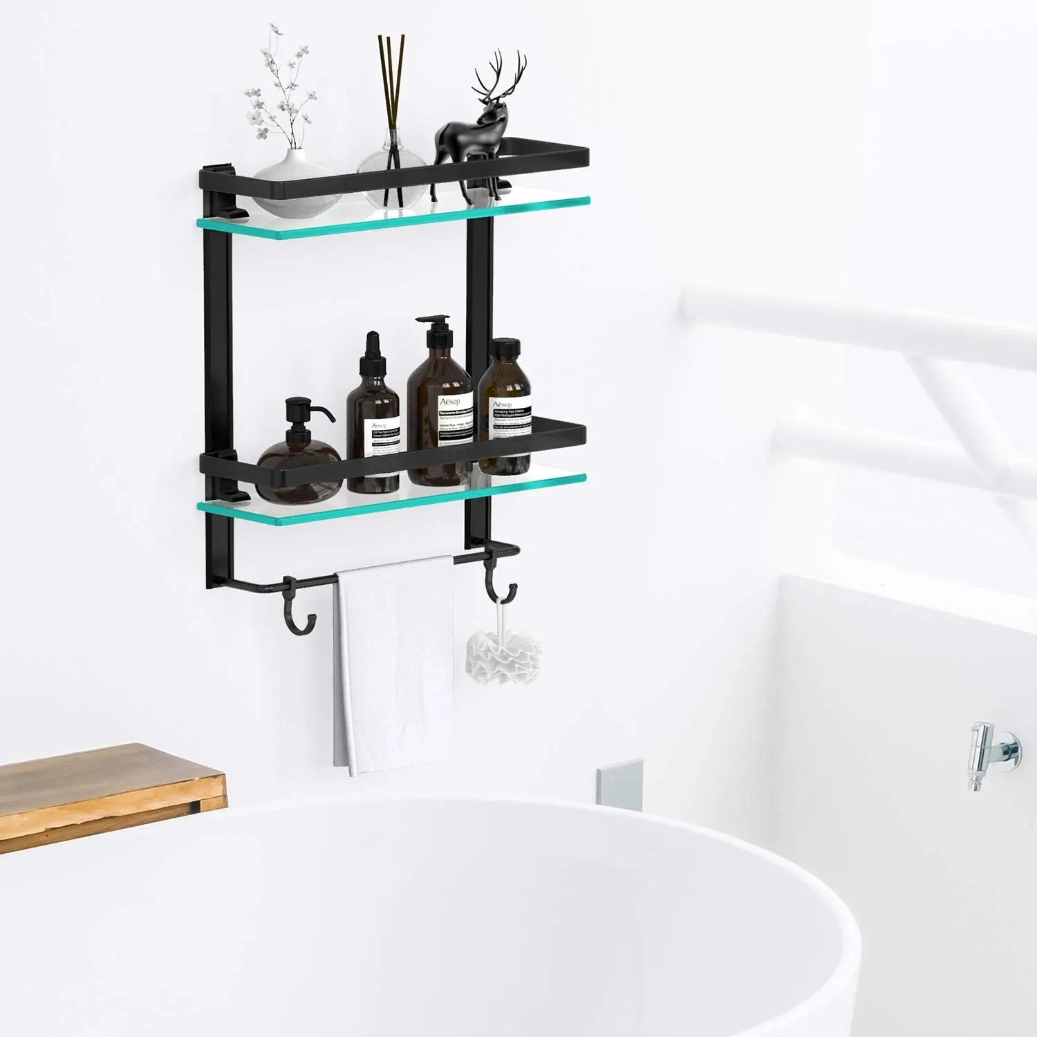 Tempered Glass Bathroom Shelf, 2 Tier Shelf With Towel Bar Wall Mounted Shower Storage