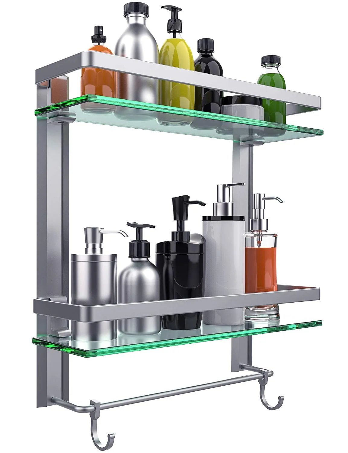 Tempered Glass Bathroom Shelf, 2 Tier Shelf With Towel Bar Wall Mounted Shower Storage