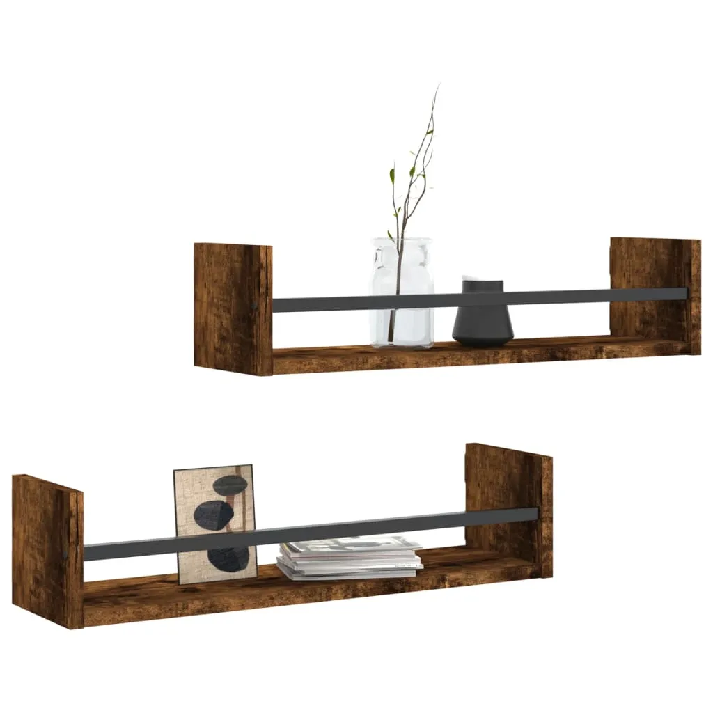 vidaXL Wall Shelves with Bars 2 pcs Smoked Oak 60x16x14 cm