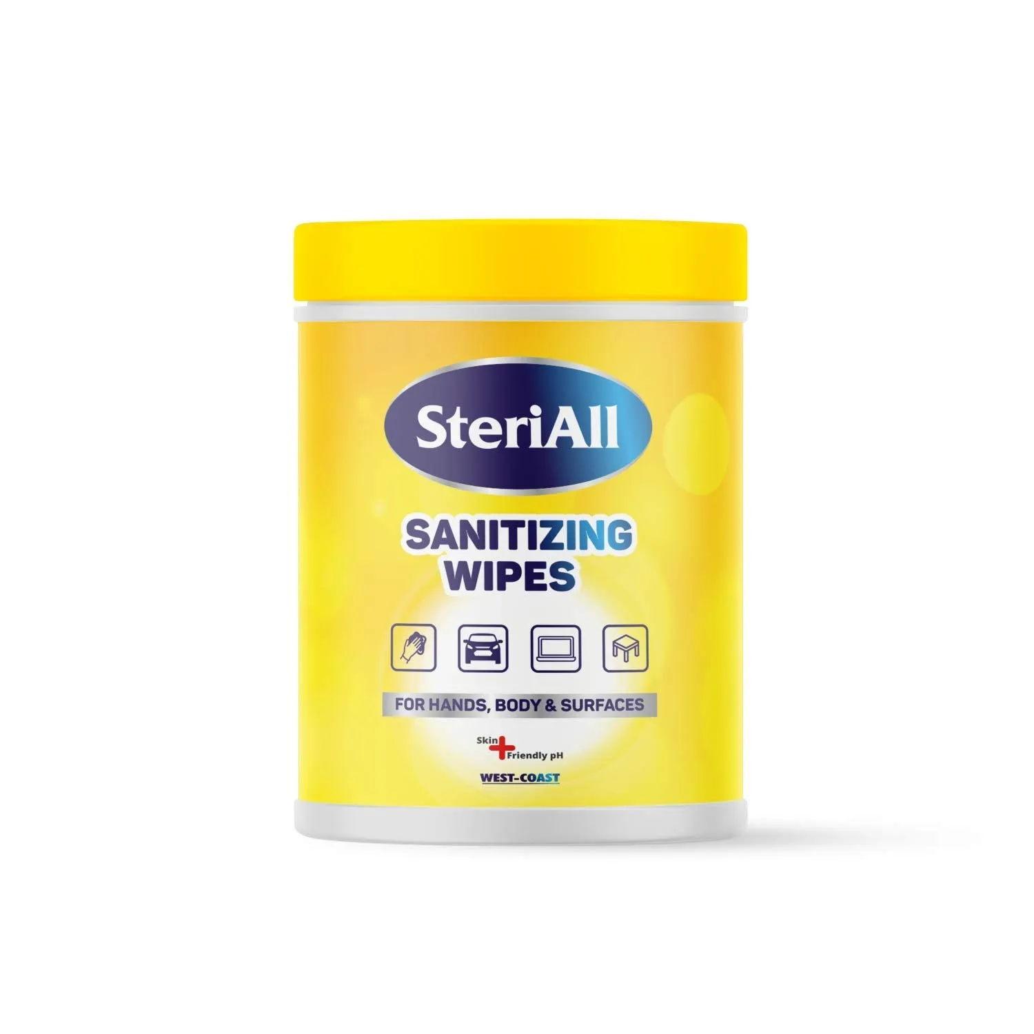 West-Coast SteriAll Sanitizing Disinfectant Wipes for Hands, Body and Surfaces 50 Wipes (1 Canister Jar)